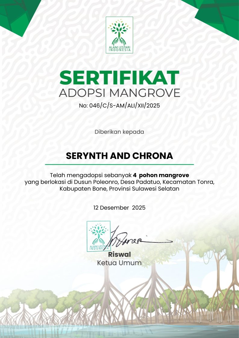 Here are the Mangrove Certificate and Card. May the name ‘Serynth’ take root and flourish eternally, growing and living in perfect resonance with the mangrove we had planted.