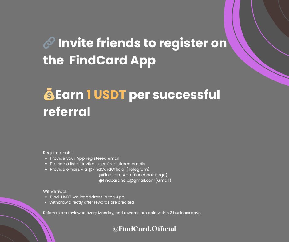 Find_Card's tweet image. 👥 Earn 1 USDT per referral! 💰
🚀 No limits — invite more, earn more!

How to qualify:
📧 Submit yours and invited users'registered emails via @FindCardOfficial(TG), @FindCard App (FB), or findcardhelp@gmail.com
🔐 Bind a USDT wallet to withdraw

👉 findcardapp.com/?platform=2💸