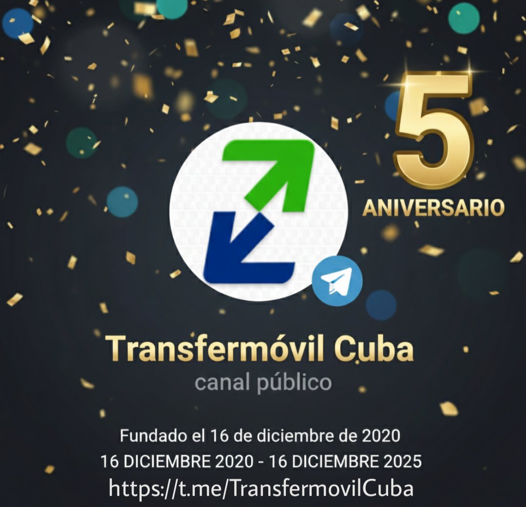 🥳 !!Este martes estamos de fiesta¡¡, nuestro canal en Telegram @TransfermovilCuba cumple sus primeros 5️⃣ años 🎊. Superamos los 42.6 mil miembros 🎉 y a nombre de todo este equipo, de la administración y nuestros colaboradores el agradecimiento.
🎈MUCHÍSIMAS FELICIDADES 🎈
