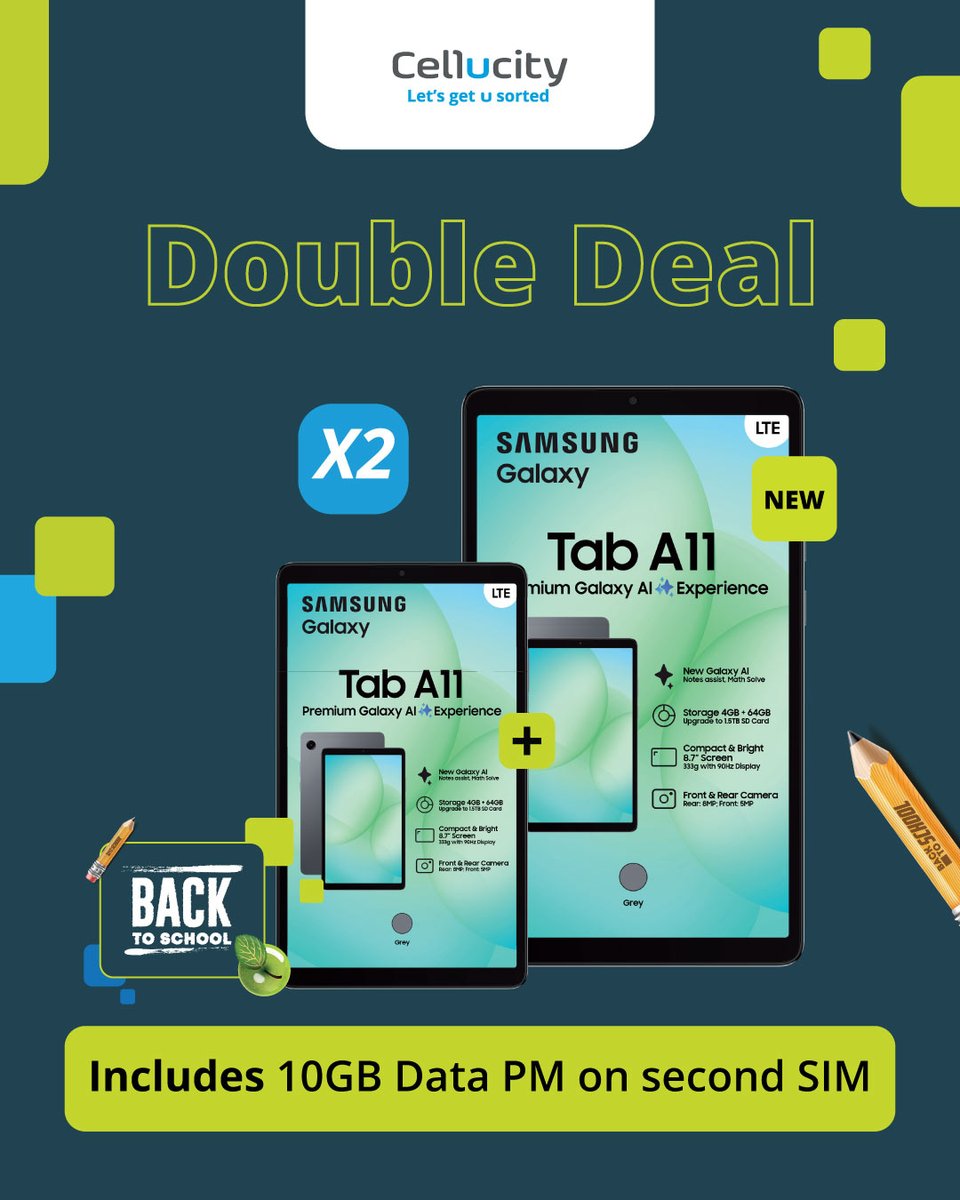 🎒 Back to School just got smarter!
Get 2 x Samsung Galaxy Tab A11 4G + 25GB data PM for only R329 PM x 36 😍
👉 Apply now: bit.ly/3MFELEG