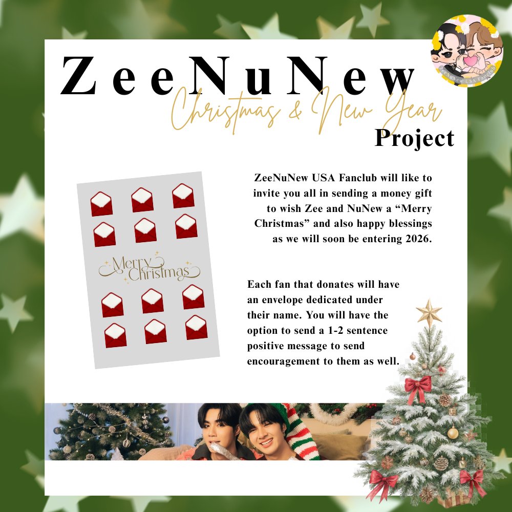 ZNNUSAFC's tweet image. [❄️🎄ZeeNuNew Christmas &amp;amp; New Year Project 🎄❄️]

ZeeNuNew USA Fanclub would like to invite 3 bears in sending a money gift to #ZeeNuNew for Christmas &amp;amp; New Year♡ 

Thank you for all the support so far ♡ 

🗓: Deadline: Dec 19th, 2025
🎯: 250USD
🔗: docs.google.com/forms/d/e/1FAI……
