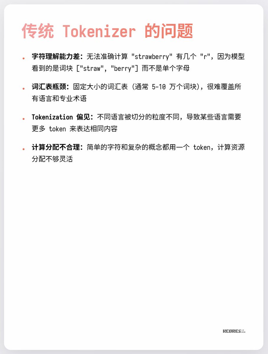 這麼做最大的好處是-"strawberry有幾個r?"這樣的問題就能輕鬆回答了!因為每個字母都是單獨的utf8編碼。
但是帶來的問題也是實打實的,有的時候一個詞可以很複雜,單有的時候一個詞很簡單,傳統tokenizer能不同程度的平衡這個