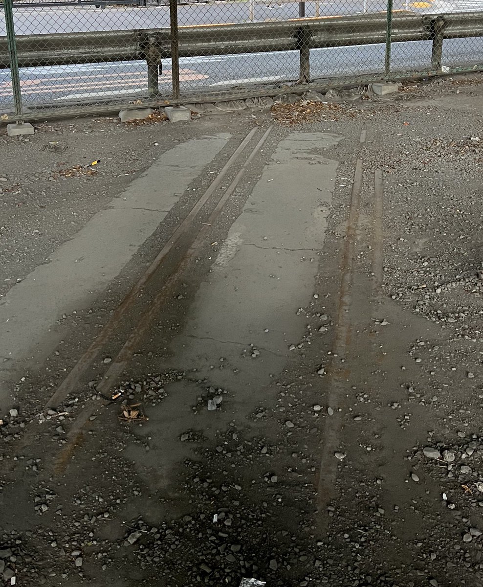 adusa2gou's tweet photo. 大都会ど真ん中、交通量半端無い道路の横にあるけど全然知られてないレールが残る廃線跡。踏切の台座も残る。 https://t.co/HzCax90htI