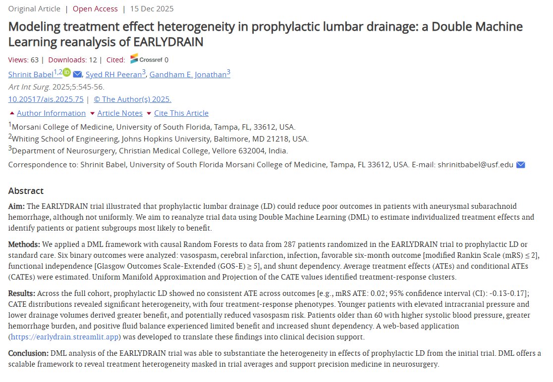 ais_editor's tweet photo. 🚀 New Publication in AIS
📢 Title: Modeling treatment effect heterogeneity in prophylactic lumbar drainage: a Double Machine Learning reanalysis of EARLYDRAIN
🔗 Link: https://t.co/LqX2cAUGEf
#Neurosurgery #PrecisionMedicine #MachineLearning #DoubleML https://t.co/Qg0LcBx6Ym