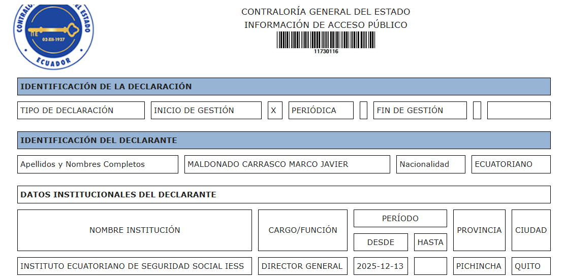 LizzyBor9's tweet photo. 🔴#UndatodelIESS: De conformidad con la información de la Contraloría General del Estado (declaraciones patrimoniales juradas) y según Quipux (Sistema de Gestión Documental), el nuevo Director General del #IESS es el señor Magíster Marco Javier Maldonado Carrasco. https://t.co/jmQFvjZg41