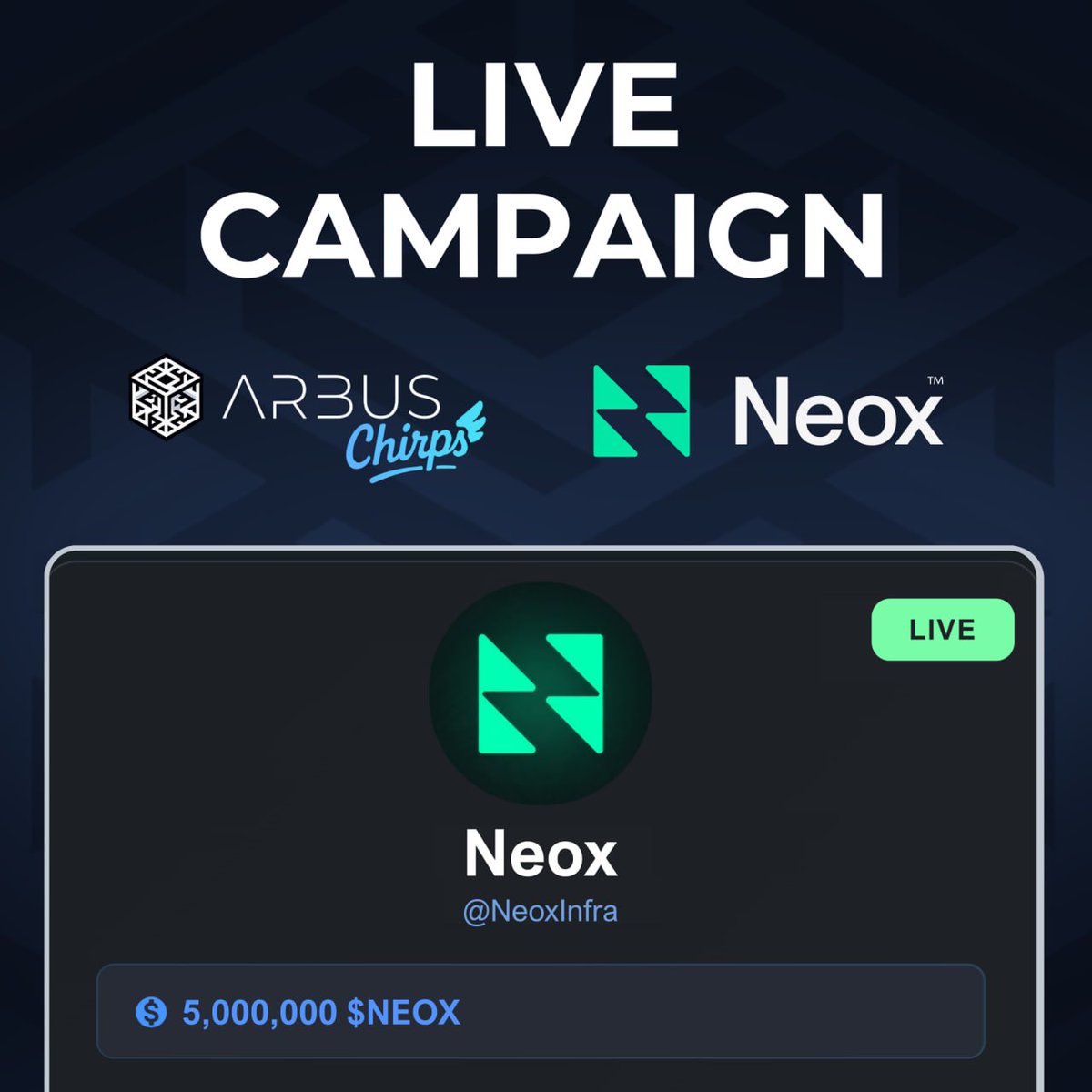 cryptoman427255's tweet image. Neox is now LIVE on @arbuschirps 🟢

→ 5M $NEOX prize pool
→ Dec 15 – Jan 15
→ Rewards to Top 100
→ $ARBUS Staker Boost ⚡️
→ 10% for $ARBUS stakers
→ Keywords: @NeoxInfra, $NEOX