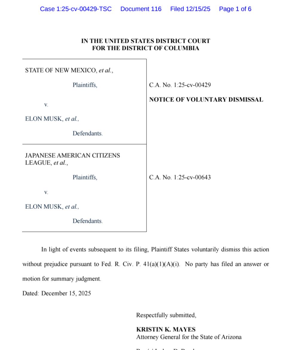 ZoeTillman's tweet image. A group of Democratic state attorneys general dropped one of the remaining legal fights over whether Trump unlawfully delegated too much power to Elon Musk during the months the billionaire served within the administration. Two similar cases are still pending:…