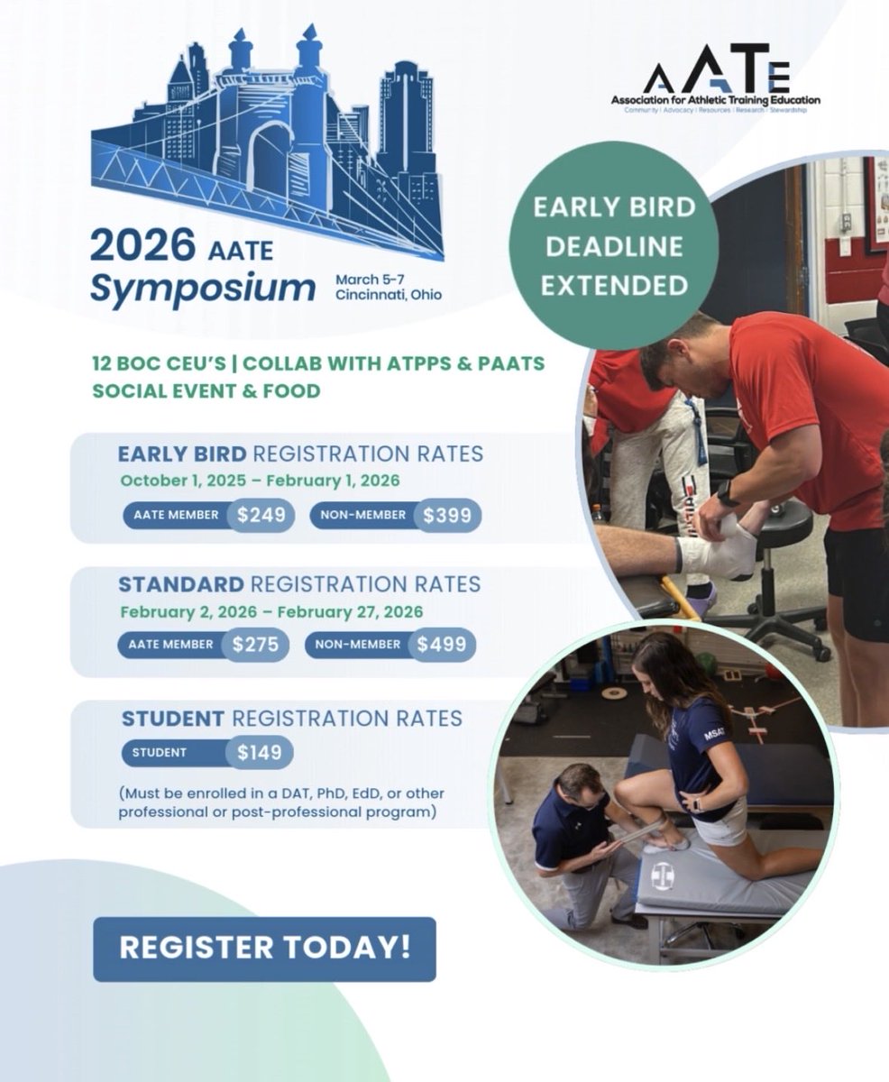 AssocATEdu's tweet photo. Great news! We extended the early bird deadline until Feb 1!
Even more time to plan travel for the 2026 Symposium & still get the lowest rate.
Learn more & register today: https://t.co/rfUD7sdGR0
#AATE2026 #BOC #CEU #ATProgram #AT #ProfessionalDevelopment #AthleticTraining https://t.co/yVimgiXdF8