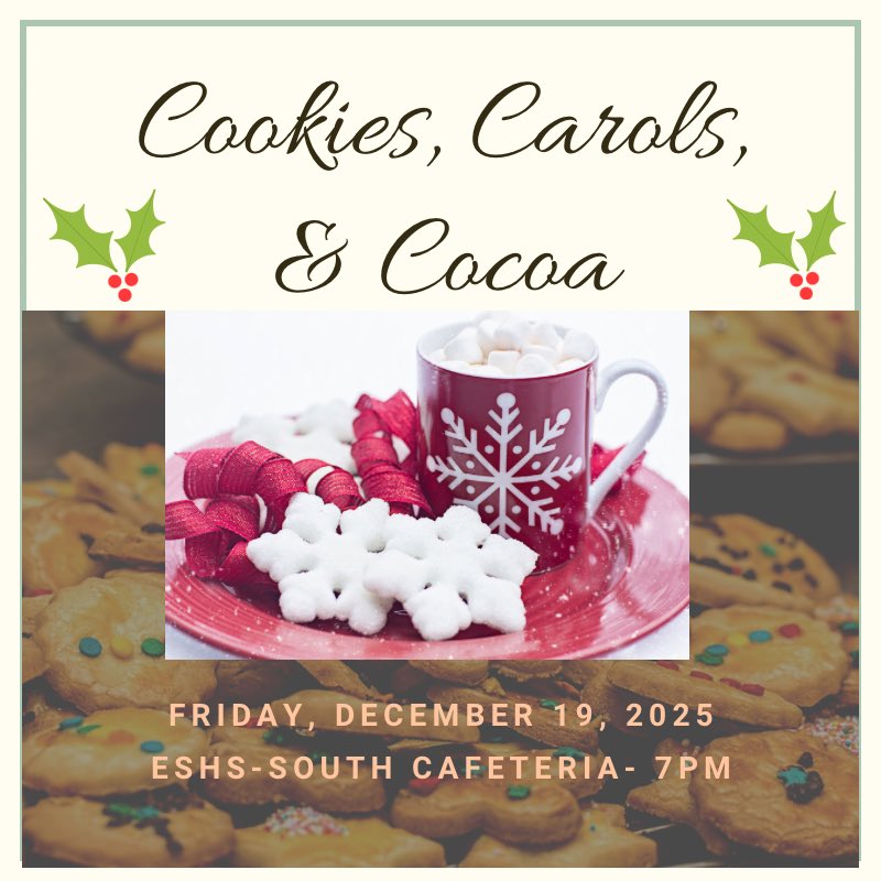 Cookies, Carols, &amp; Cocoa
Friday, December 19 
7pm
HS South Cafeteria 

Come join the fun!!!
Small Ensemble performances. 
Bring cookies to share if you can. 
We will provide the Hot Chocolate 
(if you want to join in playing Let There Be Peace and Sleigh Ride, bring your horn!)