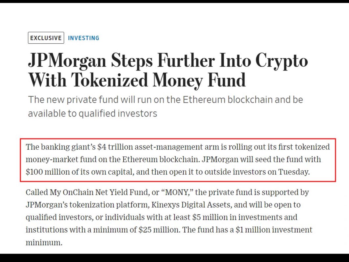 tradenoscrypto's tweet photo. JPMorgan the world’s biggest bank by market cap just announced their first tokenized money market fund on Ethereum, called MONY.

They’re putting $100M of their own money in first, then opening it up to outside investors on Tuesday. https://t.co/JhF8Y7hqvL