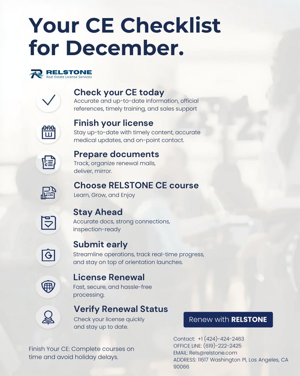 CARELicandIns's tweet photo. Stay on top of your CE this December! ✅ Deadlines, documents, RELSTONE courses—submit early &amp; verify your renewal.
🌐 https://t.co/3u7p52z9ee
🤖 +1 (424) 424-2463 | 📞 619-222-2425
📍11617 Washington Pl, Los Angeles, CA 90066
#RealEstatePro #LicenseRenewal #CEGuide #RELSTONE https://t.co/lvHygnjwdB