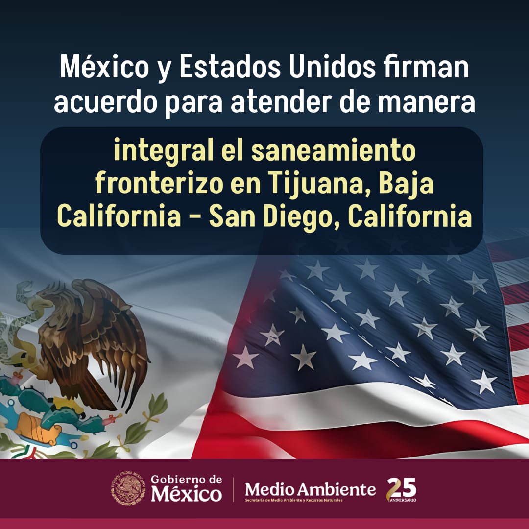 📄 #ComunicadoConjunto | México y EE.UU. firman acuerdo para atender de manera integral el saneamiento fronterizo en Tijuana, Baja California–San Diego, California.

➡️ bit.ly/3MEA5iv
#SomosMedioAmbiente