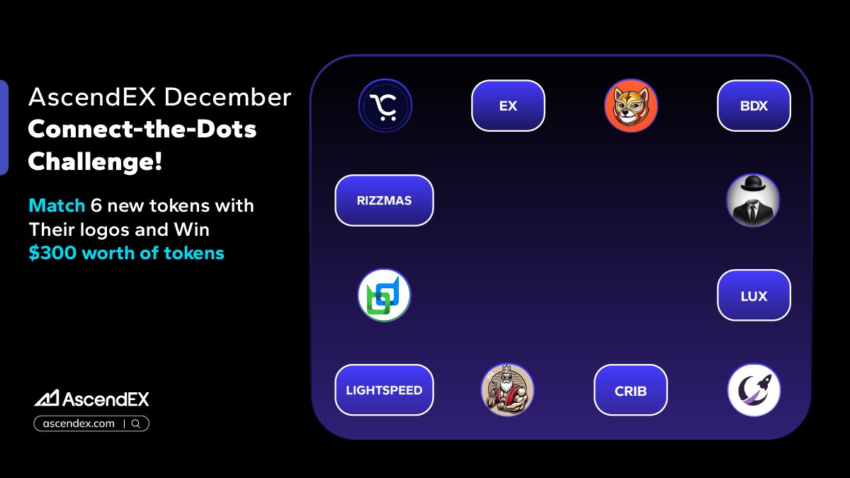 #AscendEX December Connect-the-Dots Challenge!
💰 $300 in Tokens | 30 Winners
📅 Event: 12/16 - 12/23

✨ How to Join?
1️⃣ Follow <a href="/AscendEX_/">AscendEX</a>
2️⃣ Connect 6 new tokens with their logos on our poster
3️⃣ Tag 3 friends, Like &amp; RT this tweet + #AscendEX #NewTokens
4️⃣ Submit Form: