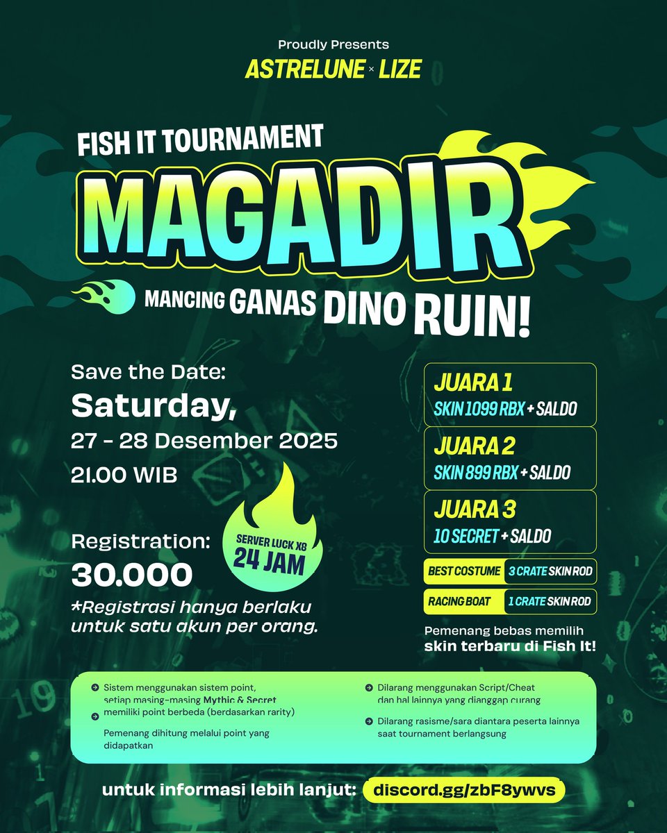 stoopidchijjeu's tweet image. Astrelune x Lize Tournamen :  MAGADIR : MANCING GANAS DINO RUIN
📅: 27 Desember - 28 Desember 2035
📌 Ancient Ruin

HOW TO JOIN : 
Entry fee 30K join discord Astrelune / WhatsApp Astrelune

KAMI TUNGGU KEHADIRAN KALIAN
More info please DM/WA on Bio!