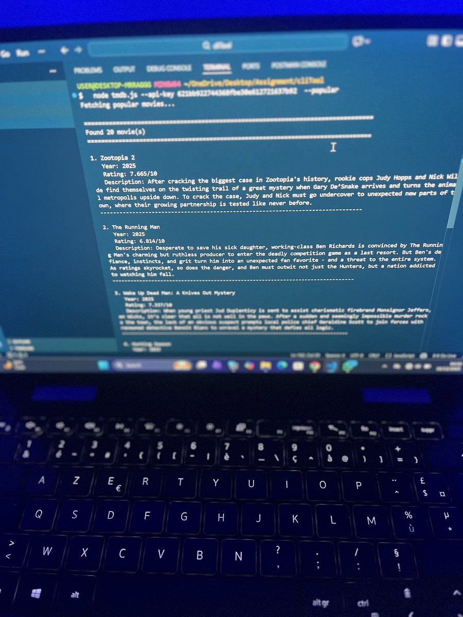 FarukOlawale3's tweet image. Just built a Node.js CLI app using the TMDB API! 🍿

Super fun night project — learned a ton about APIs, user input, and pretty terminal output.

Search movies, get ratings, overviews, cast — no browser needed!

What CLI tools are you building lately? 
#buildinpublic #NodeJS