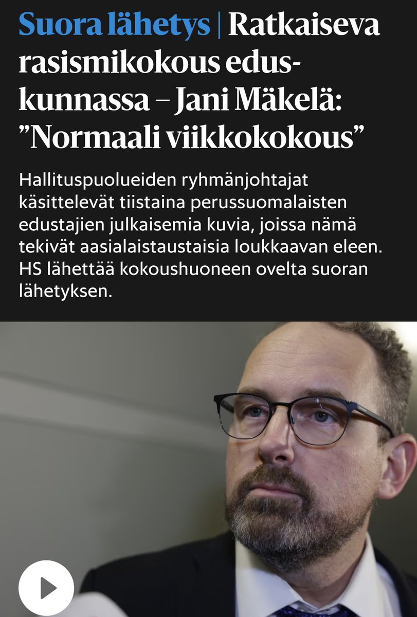 "Ratkaiseva rasismikokous"

"HS lähettää kokoushuoneen ovelta suoran lähetyksen" 

HS raaputtaa jo kattilanpohjaa; josko sieltä nyt jotain murusia vielä irtoaisi. 😂
#ovilive