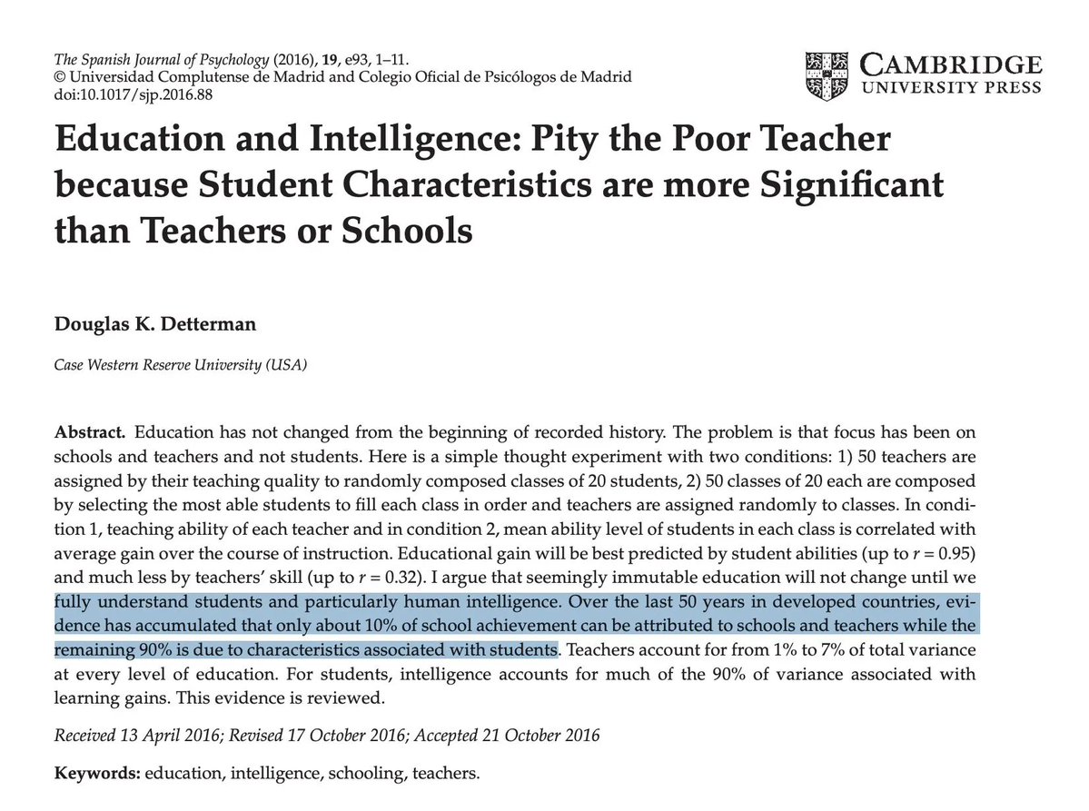 A teacher's teaching quality has very little impact on school achievement (less than 10%).

The remaining 90% is due to characteristics associated with students.
