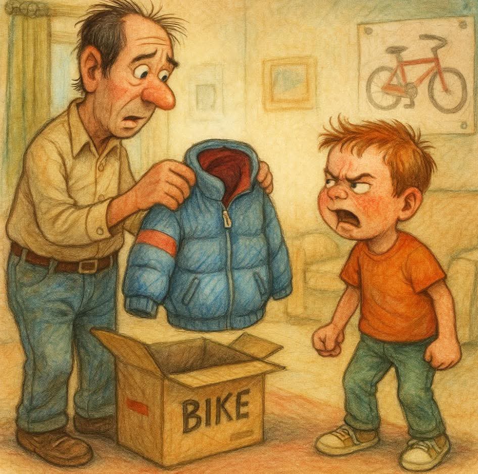 — « C’est quoi ça ? »
— « Une veste… pour toi. »
— « Mais moi, je voulais un vélo ! »

Ce jour-là, j’ai crié.
J’ai jeté le cadeau par terre, couru dans ma chambre et claqué la porte.

Papa n’a rien dit.

Il a simplement ramassé la veste, l’a pliée soigneusement,
et est parti en