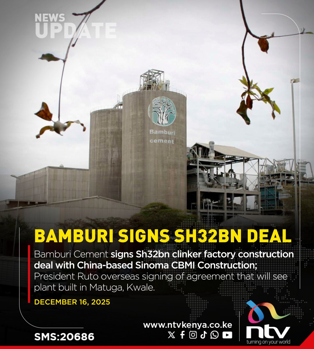 Bamburi Cement signs Sh32bn clinker factory construction deal with China-based Sinoma CBMI Construction; President Ruto overseas signing of agreement that will see plant built in Matuga, Kwale.