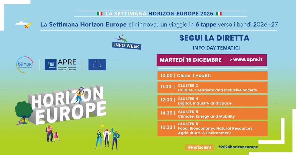 apre_it's tweet photo. 🆒 La Settimana #HorizonEU 2026 - DAY2 🔔
📄 In programma:

🟠 #Cluster1
🟠 #Cluster2
🟠 #Cluster4
🟠 #Cluster5
🟠 #Cluster6

@mur_gov, @EU_Commission, @EUScienceInnov

streaming 👉 https://t.co/vkOyzusWrk

#2026horizoneurope https://t.co/kiT5BYjHqi