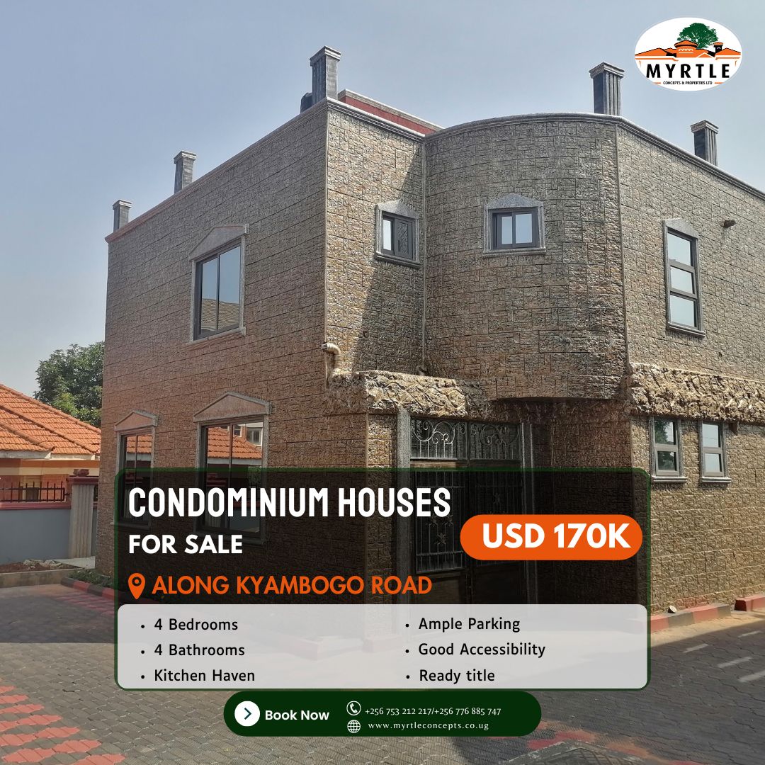 myrtle__concept's tweet photo. Elegant 4-Bedroom Condominium Houses for Sale at USD 170K along KYAMBOGO ROAD!  Discover modern comfort and style in these beautifully crafted condominium homes.  Call/WhatsApp: 0753212217 / 0776885747 to book a tour today! #MCPUG #CondosForSale #RealEstateAdvisorofChoice. https://t.co/eFL7ZWDhef
