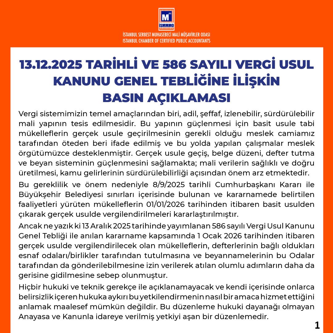 ISMMMODASI's tweet photo. 13.12.2025 Tarihli ve 586 Sayılı Vergi Usul Kanunu Genel Tebliğine İlişkin Basın Açıklaması
#İSMMMO #BasınAçıklaması https://t.co/U0xRkpV0aY