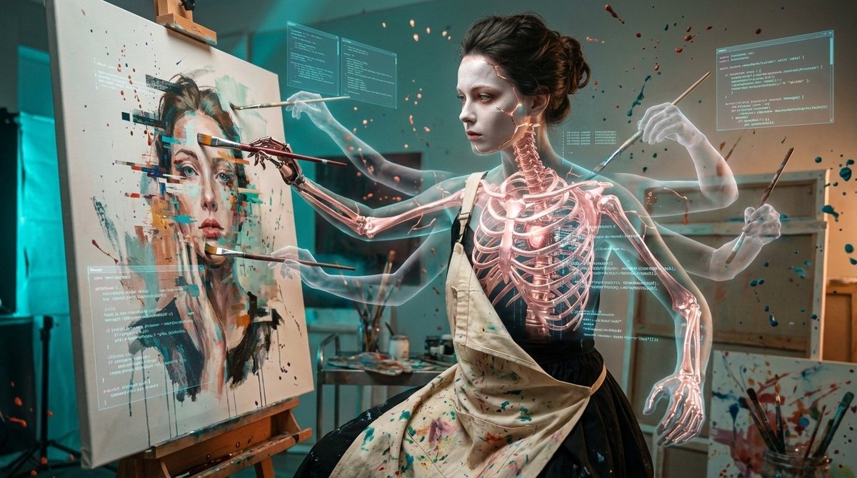 " The Muse Is Code "
(Dedicated to everyone who likes or dislikes AI Art - get used to it, this is not the future - this IS the present, what we are living in.)

In this age of algorithmic creativity, I ask: where does the human artist end and the AI muse begin? 
She paints her