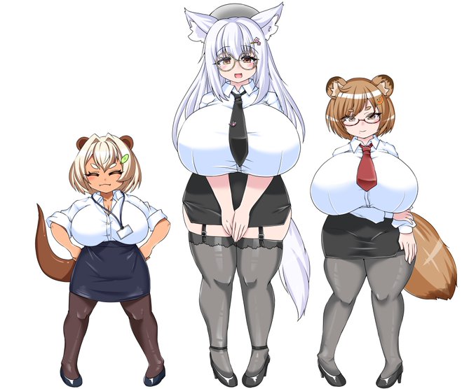 るぅるさんが描いてくださった、うちの子2人と同じ世界観で作ってくださった浅さんのカワ子さん+もみ子さん狸子さんの会社服とプライベート服! 身長差やムチムチさが強調されていて大変良きです #絵もみ