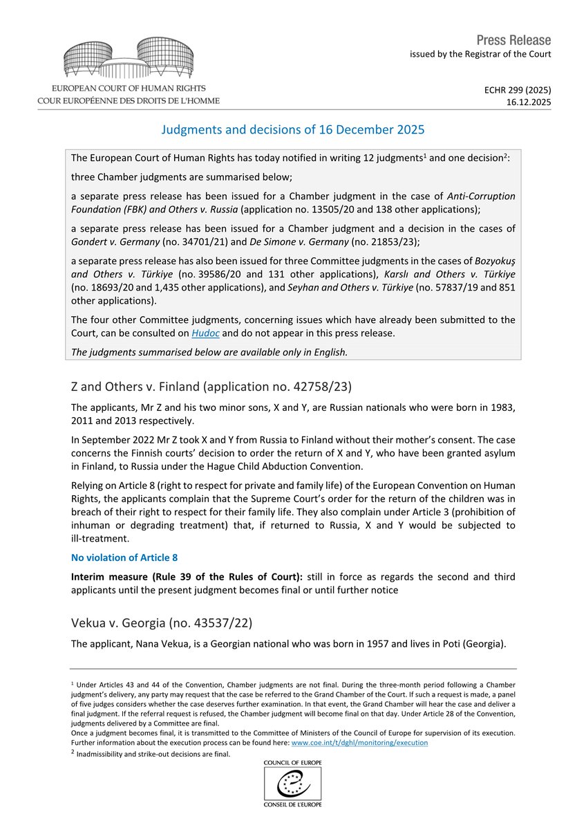Judgments and decisions of 16.12.2025
hudoc.echr.coe.int/app/conversion…
#ECHR #CEDH #ECHRpress