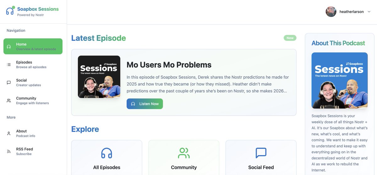 SoapboxTech's tweet image. We talk about vibe coding a podcasting platform on our podcast, Soapbox Sessions. This gave us a way to self-host the podcast. We call it "Podstr" because it's built on Nostr. 

We make tools so you don't have to! 

🔗  loom.ly/8oR9-Gg #podcasters