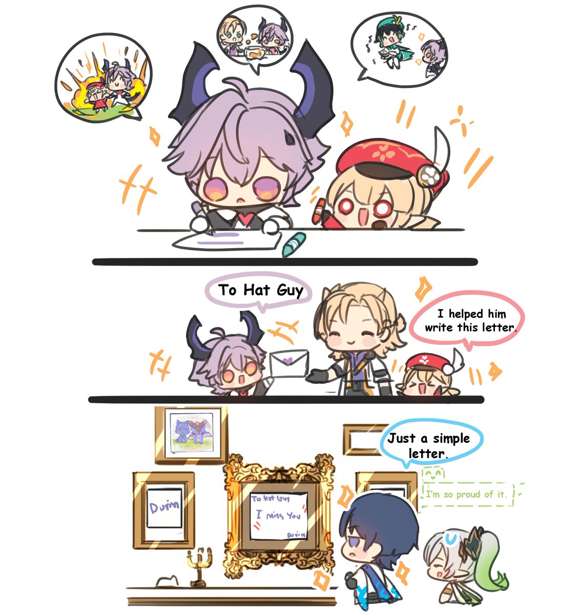 "Just a simple letter." 😅 #durin #klee #Albedo #scaramouche #wanderer #hatguy #nahida #venti #genshin