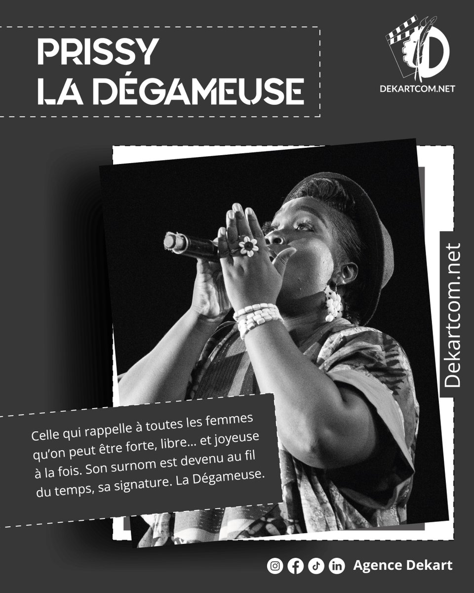 Celle qui rappelle à toutes les femmes qu’on peut être forte, libre… et joyeuse à la fois. Son surnom est devenu au fil du temps, sa signature. La Dégameuse.

📷 urlr.me/8htWHX
📷 Chaine WhatsApp: urlr.me/4k3cMP
#AgenceDekart #DekartCom #cultureAfricaine
