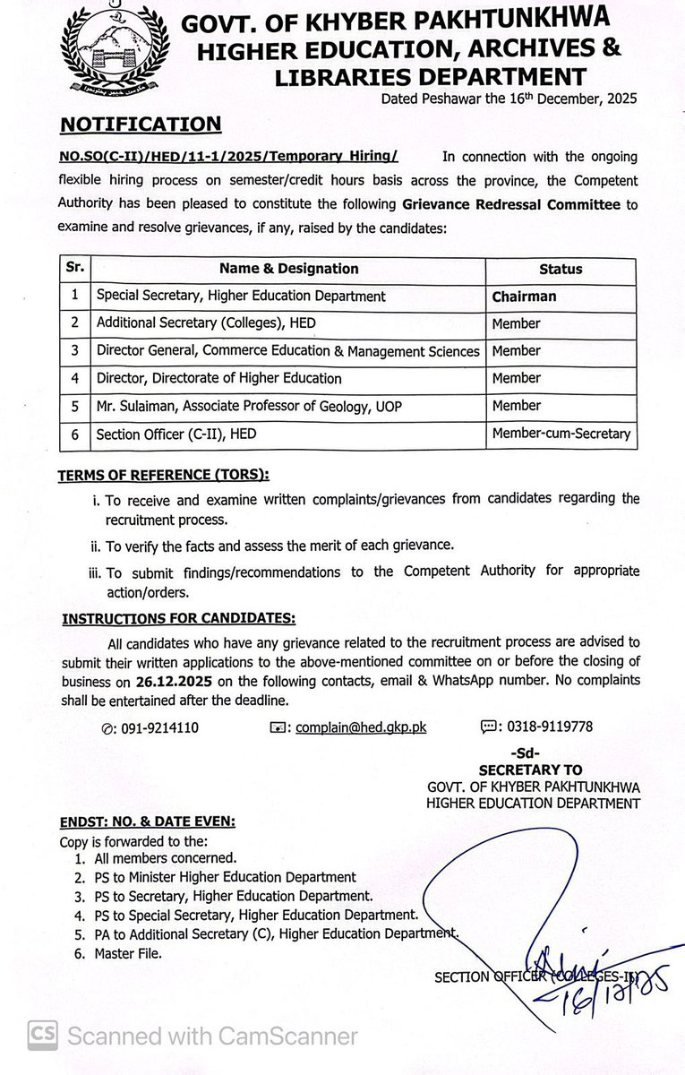 وزیر برائے اعلی تعلیم و بلدیات خیبرپختونخوا مینا خان افریدی کی ہدایت پر وزٹنگ لیکچررز بھرتی عمل میں شفافیت کے لیے کمیٹی قائم کر دی. سمسٹر / کریڈٹ آورز پر جاری بھرتیوں کے عمل پر امیدواروں کی شکایات سنی جائیں گی۔ اعلامیہ جاری
<a href="/MeenakhanAfridi/">Meena Khan Afridi</a> 
#rgviews