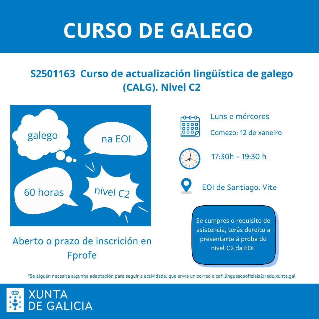 📢Inscrición aberta para o C2 de Galego na EOI
🎯Se cumpres o requisito de asistencia poderás presentarte ás probas de certificación
📌Inscríbete en Fprofe
🛜  S2501163