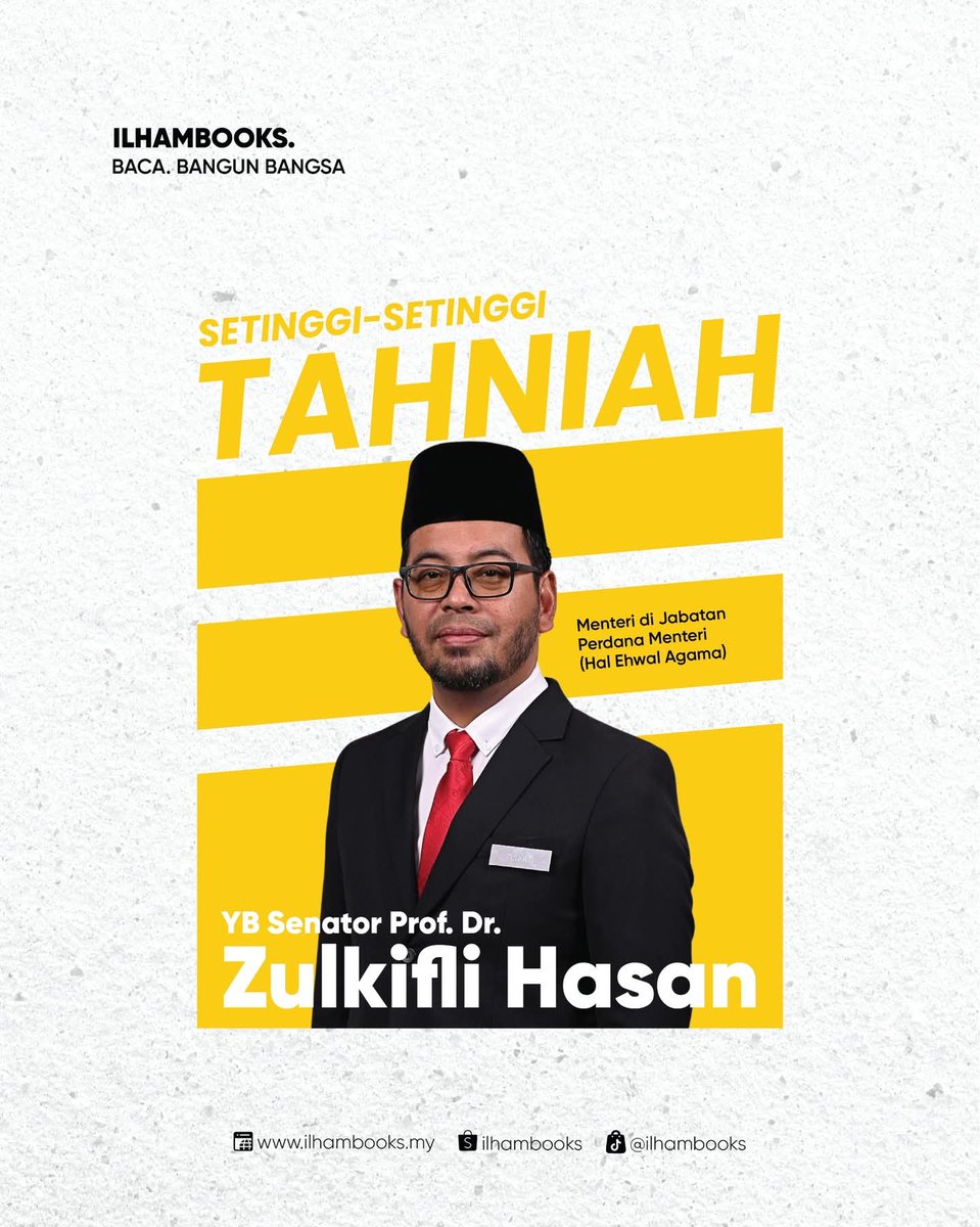 Tahniah diucapkan kepada YB Senator Prof. Dr. Zulkifli Hasan di atas pelantikan sebagai Menteri di Jabatan Perdana Menteri (Hal Ehwal Agama).

Beliau juga merupakan penulis lapan judul di ILHAM Books yang merangkumi pelbagai topik dan genre.

Selamat menjalankan tugas.
Tim IB