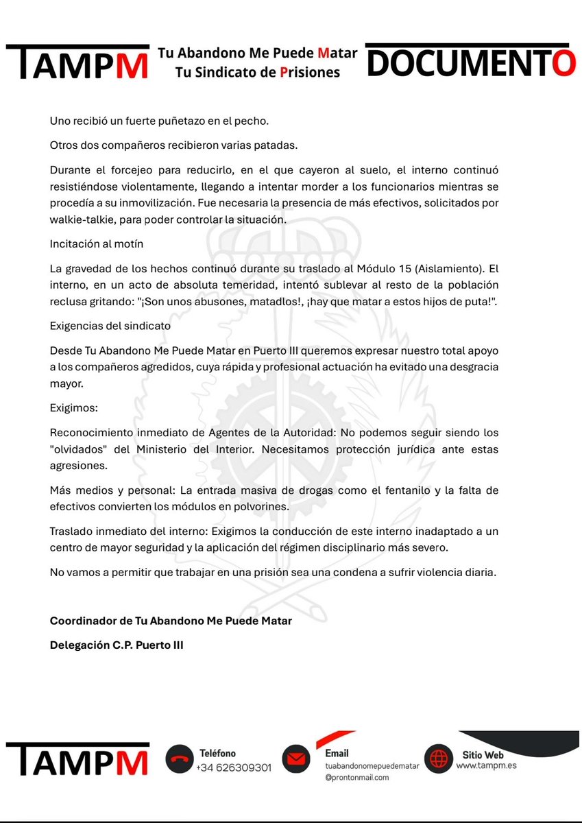 🚨 AGRESIONES EN PUERTO 3 Y PLAGA DE FENTANILO

💢 15/12/25  Módulo 4:

🔹1 Interno Agrede a 3 Funcionarios con Puñetazos y Patadas

🔴 La entrada de Fentanilo en Prisiones Aumenta la VIOLENCIA y AGRESIVIDAD

📌 Sin ser #AgentesAutoridad la situación sólo puede Acabar ⚰️

#TAMPM