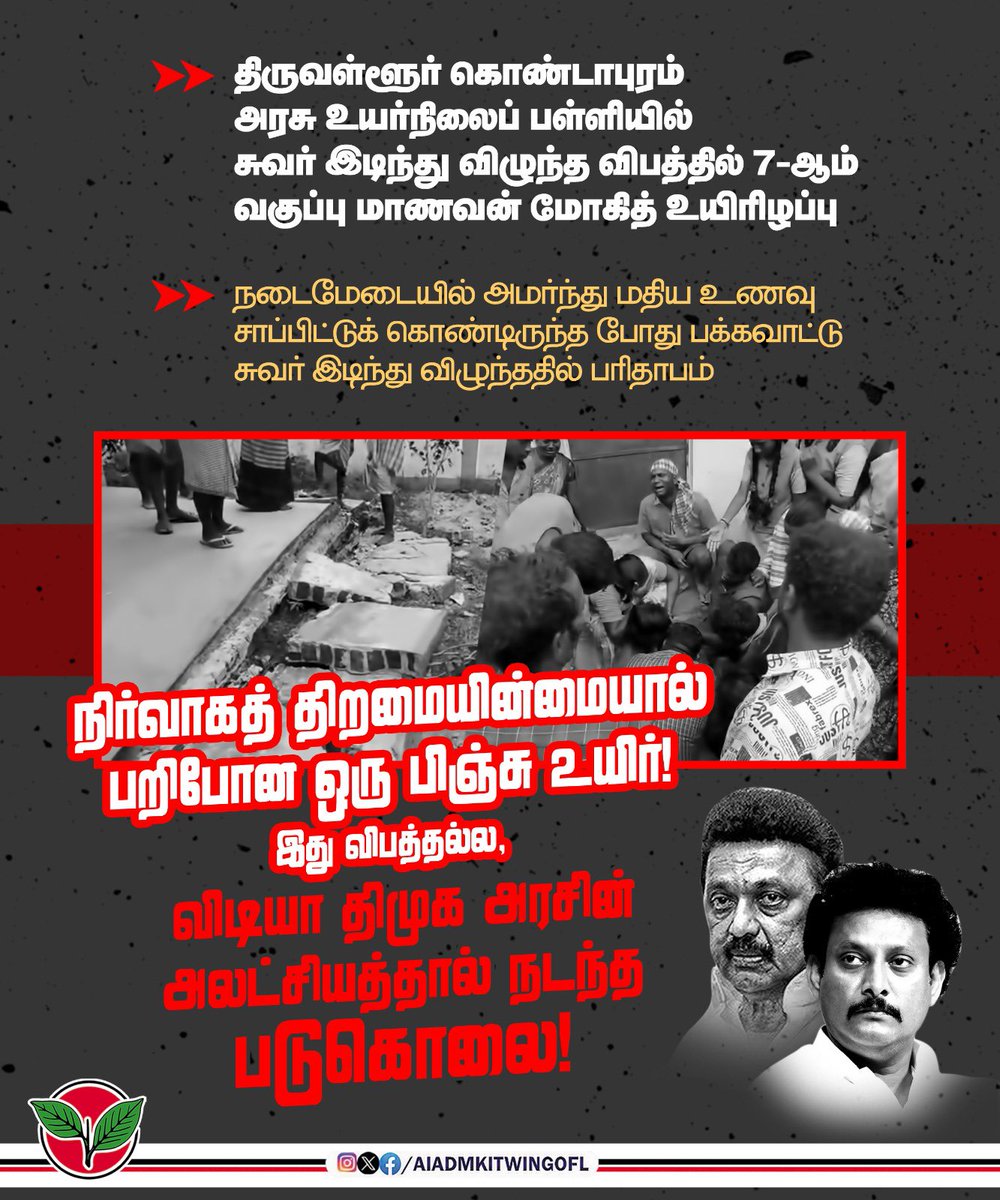 AIADMKITWINGOFL's tweet photo. திருவள்ளூர் கொண்டாபுரம் அரசு உயர்நிலைப் பள்ளியில் சுவர் இடிந்து விழுந்ததில் 7-ம் வகுப்பு மாணவன் மோகித் உயிரிழந்ததாக வரும் செய்தி, திமுக ஆட்சியில் அரசுப்பள்ளிகள் எந்தவித பராமரிப்பும் இன்றி இருப்பதையும், இதைப் பற்றி கொஞ்சம் கூட கவலைப்படாத அரசாக இன்றைய @mkstalin மாடல் அரசு இருப்பதையும் காட்டுகிறது. 

அரசுப்பள்ளிகளில் படிக்கும் மாணவர்களின் உயிருக்கு பாதுகாப்பு இல்லாத, பராமரிப்பற்ற கட்டுமானத்திற்கு யார் பொறுப்பு? இது உங்க ஏரியாவில் தானே வரும் @Anbil_Mahesh அவர்களே?

கொண்டாபுரம் பள்ளி மாணவனுக்கு உங்கள் கண்ணீர் சிந்துமா? இந்த உயிரிழப்பு அல்ல. உங்கள் துறையின் அலட்சியத்தால் நடந்த கொலை.

இதற்கு கண்டிப்பாக நீங்களும், உங்கள் தலைவராகிய பொம்மை முதல்வரும் பதில் சொல்லியே ஆகவேண்டும்!

#DMKFailsTN