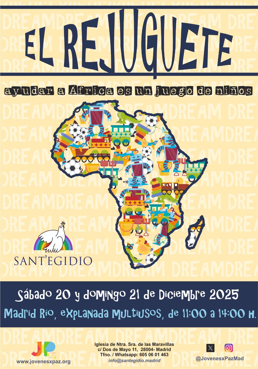 En la cuenta atrás para #Navidad2025, vuelve el #Rejuguete, el tradicional mercadillo solidario de los <a href="/JovenesxPazMad/">JóvenesxlaPaz</a> en beneficio del Programa DREAM de tratamiento del SIDA en África
🗓️21 y 22 DIC de 11:00 a 14:00
📍Explanada multiusos de Madrid Río

+ℹ️stgd.io/rejuguete25