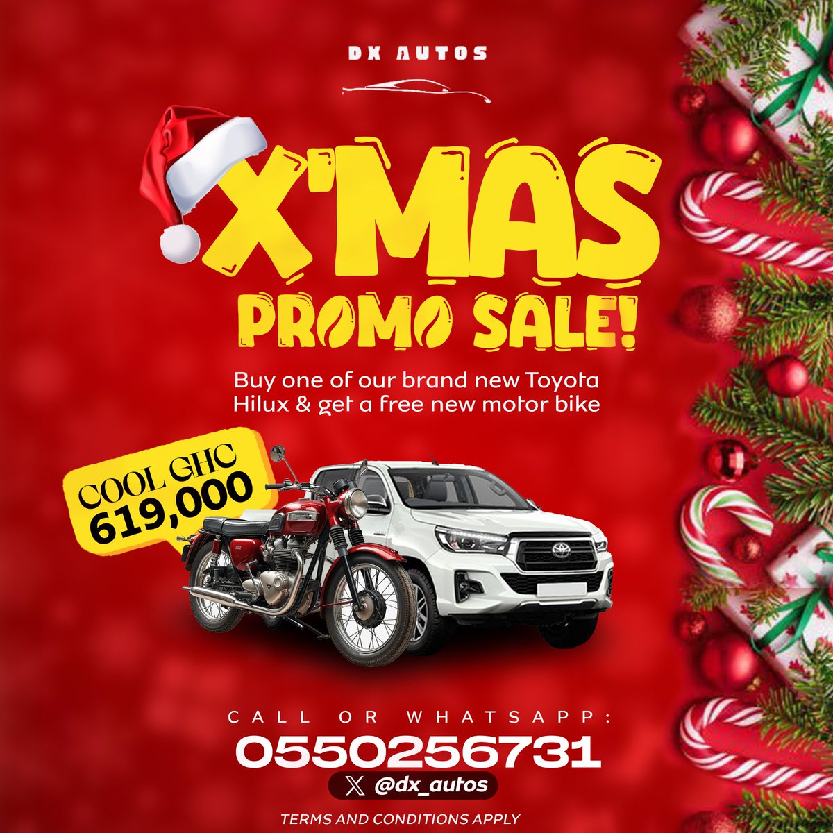 dx_autos's tweet image. Festive season is here.
Buy one brand new hilux and get a free motor bike🔥🔥🔥🔥.
DONT MISS OUT!!

WhatsApp/call: 0550256731
DX AUTOS™🎅