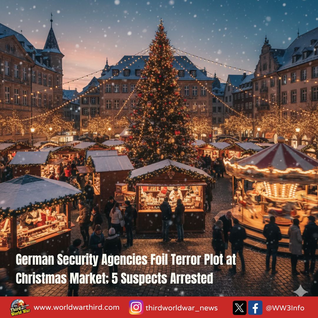 WW3Info's tweet image. #WWIII: German authorities say they have foiled a terror plot targeting a #Christmas market in #Bavaria, arresting five suspects including radicalis from Syria, Egypt &amp;amp; Morocco. The case revives memories of last year’s #MagdeburgAttack, which killed 6 &amp;amp; injured more than 300.