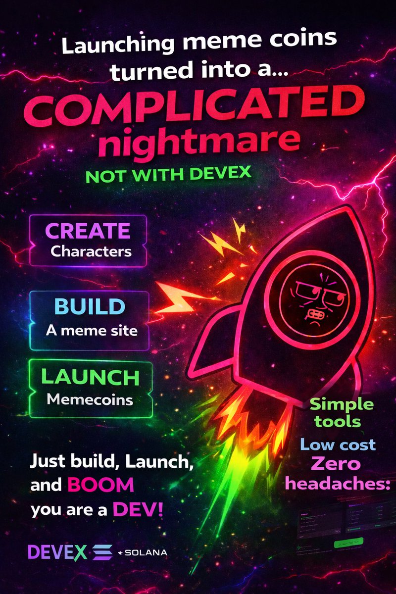devexfun's tweet image. DEVEX exists because launching meme coins turned into a COMPLICATED nightmare.
In 5 minutes or less, you can CREATE characters, BUILD a meme sites, and LAUNCH tokens,
all in one place!
Simple tools, Low cost, Zero headaches.
You are 3 steps away from becoming a REAL Dev!