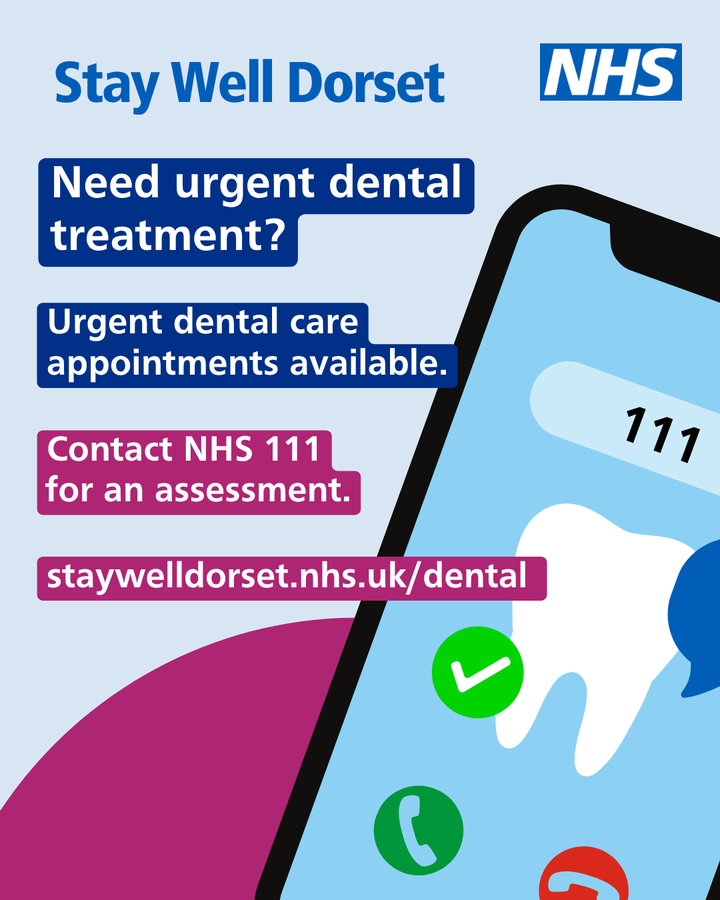 Need to see a dentist urgently? 🦷
Extra urgent dental appointments are now available.
Visit NHS 111 or phone 111 to arrange an appointment. You don't need to be registered with an NHS dentist.
More information &amp; a list of urgent conditions 👇
staywelldorset.nhs.uk/dental