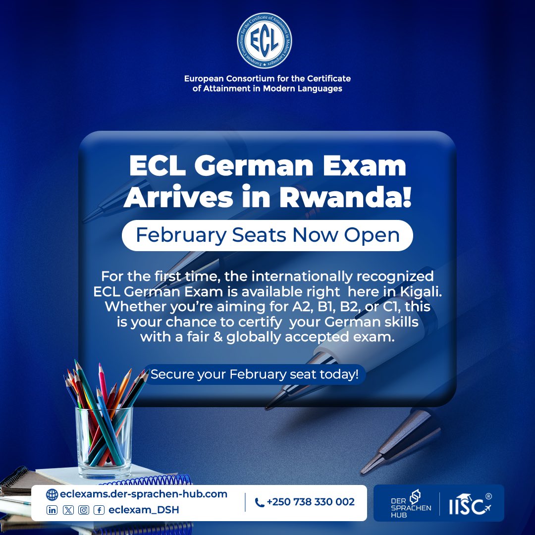 eclexams_DSH's tweet photo. ECL German Exams are now in Rwanda 🇷🇼✨
Get A2–C1 certified with a globally recognized &amp; affordable exam — right in Kigali.
Free exam coaching for early registration https://t.co/pwZ9wa31b1
#ECLExams #LearnGerman #Kigali #RwandaEducation https://t.co/fbK1Mn4eCN
