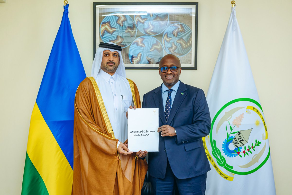 QKigali's tweet photo. His Excellency Mr. Mansour bin Ali Fahad Al-Shahwani Al-Hajri, Appointed Ambassador of the   State of Qatar to the Republic of Rwanda, presented copie of his Letters of Credence to His Excellency Mr. Olivier Jean-Patrick Nduhungirehe, Minister of Foreign Affairs and International Cooperation of the Republic of Rwanda, on December 15, 2025.