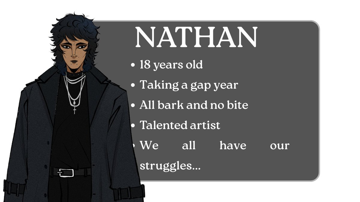 What a coincidence!

Meet Nathan! What a cool sense of style he has, right? He really contributes to the "stylish" factor of your friend group-- oh, wait...

#cicatrixblue #visualnovel
