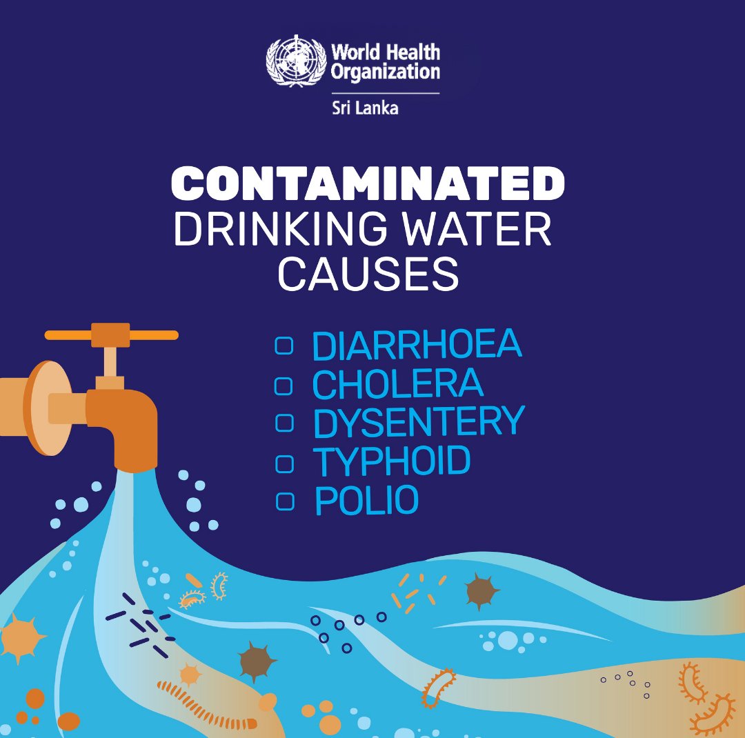 WHOSriLanka's tweet image. Unsafe water = deadly diseases.

Contaminated drinking water can cause:
✅ Diarrhoea
✅ Cholera
✅ Dysentery
✅ Typhoid
✅ Polio

💧 Ensure your drinking water is safe before you consume it.
#HealthForAll #WaterSafety #WHO