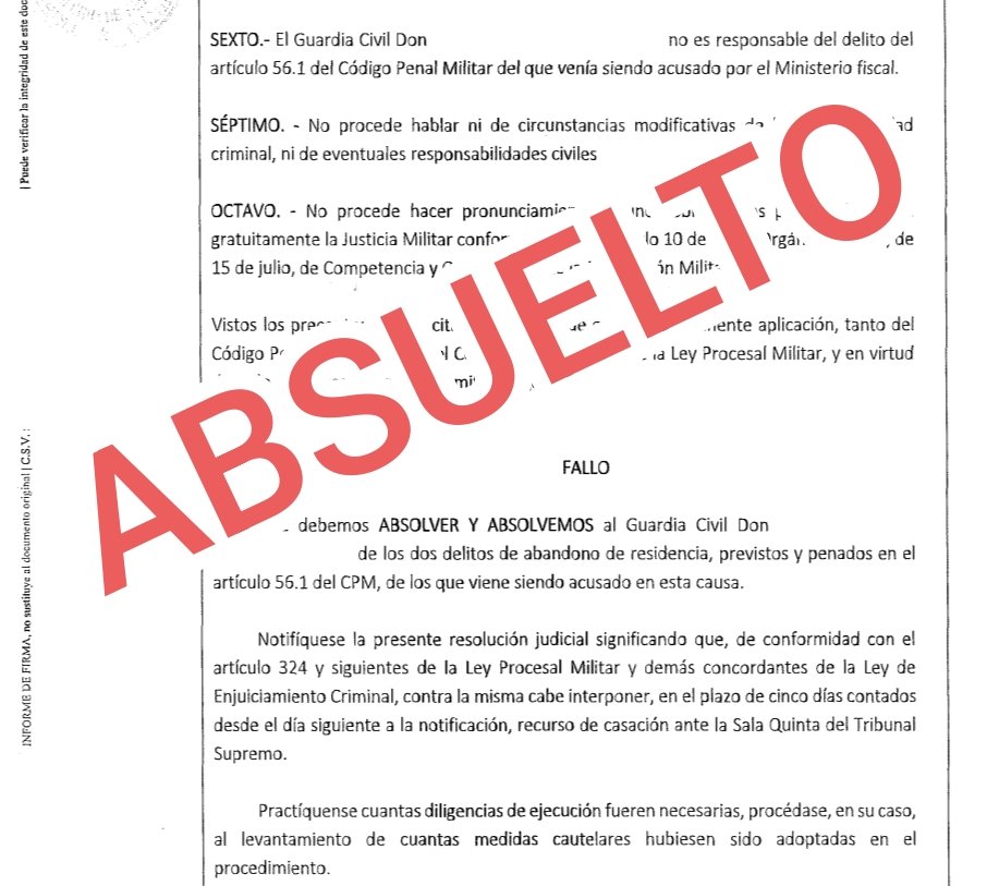 🚨🚨 SENTENCIA ABSOLUTORIA 🚨🚨

Los servicios jurídicos de <a href="/AUGC_Comunica/">AUGC Guardia Civil 🇪🇸</a>
lo logran una vez más y consiguen una sentencia absolutoria ⛓️‍💥al compañero <a href="/guardiacivil/">Guardia Civil</a> que fue juzgado el pasado día 4 de diciembre ante un Tribunal Militar en #Tenerife‼️

#Prisionerodelainsularidad