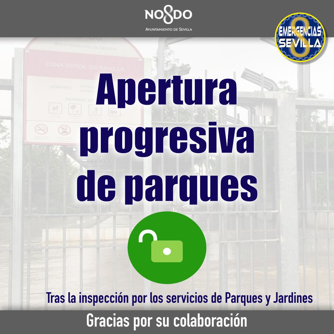 EmergenciasSev's tweet image. ✅Los parques públicos e instalaciones deportivas se han reabierto con normalidad tras la oportuna inspección de los técnicos del @Ayto_Sevilla 
Gracias por tu colaboración
#SeguridadCiudadana #AytoSevilla
