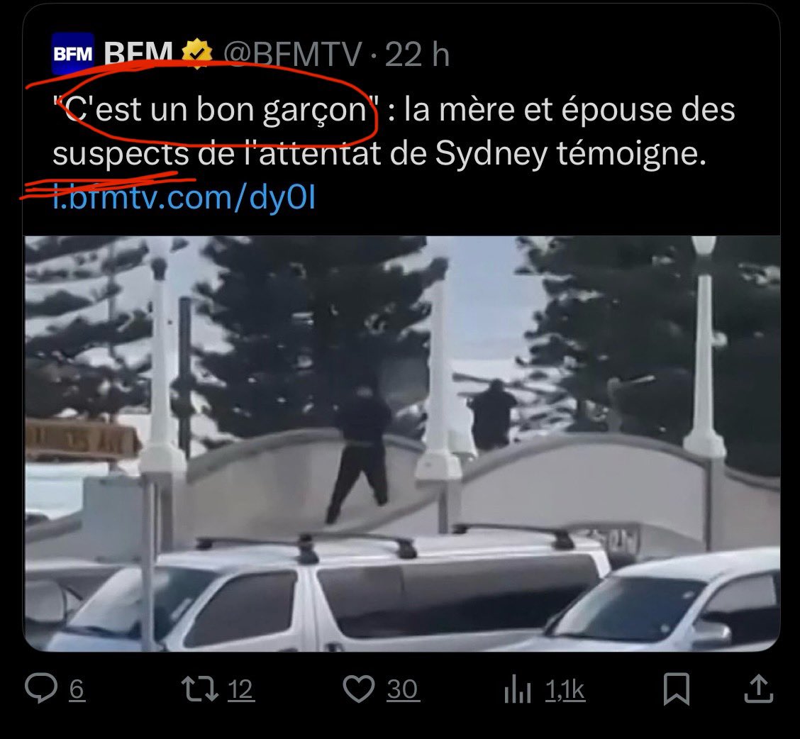 ftapiro's tweet image. (🔴Suite au retrait du post par BFMTV, je republie mon message avec le screen shot du post supprimé🔴)
Comment @BFMTV peut-elle diffuser de tels posts? « La mère et épouse des suspects de l’attentat de Sydney témoigne »?? Pourquoi une telle prudence face à des terroristes…