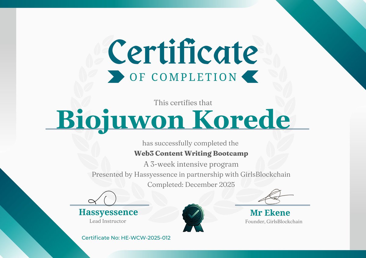 Koredeits_time's tweet photo. Just got my certificate from a 3-week content writing bootcamp.

Grateful to @GirlsBlockchain and @HassyEssence for the time, patience, and gems shared.

This is just the beginning here’s to more growth, more writing, more wins. https://t.co/nnFMpNOvi1